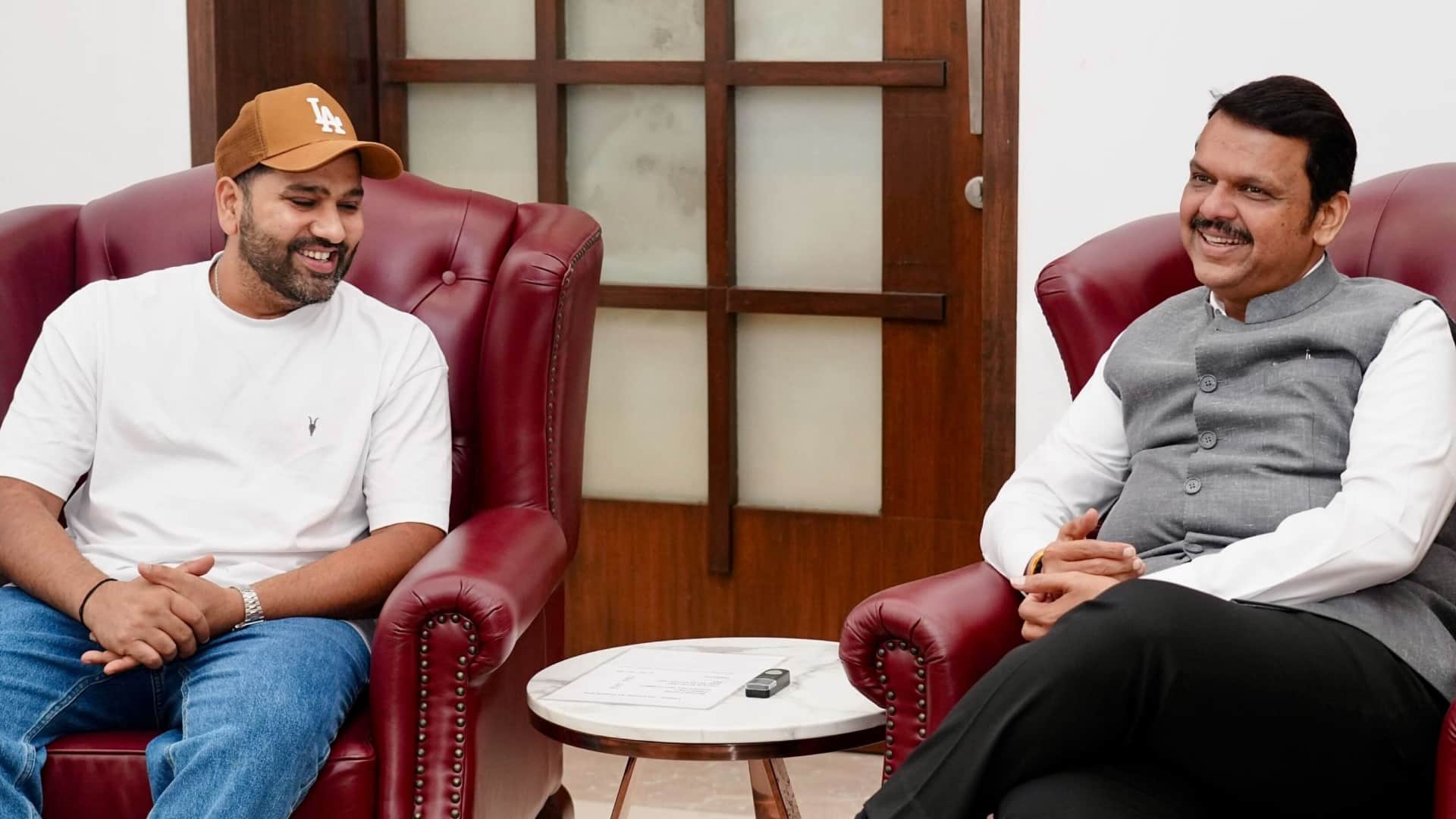 Maharashtra Chief Minister Devendra Fadnavis meet Rohit Sharma wishes him well after Test retirement