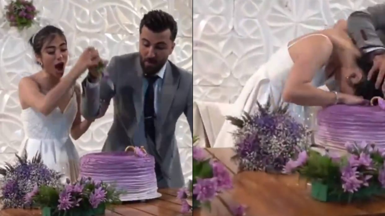 The groom did a wrong thing at the wedding hit the bride face on the cake Video goes viral on Internet
