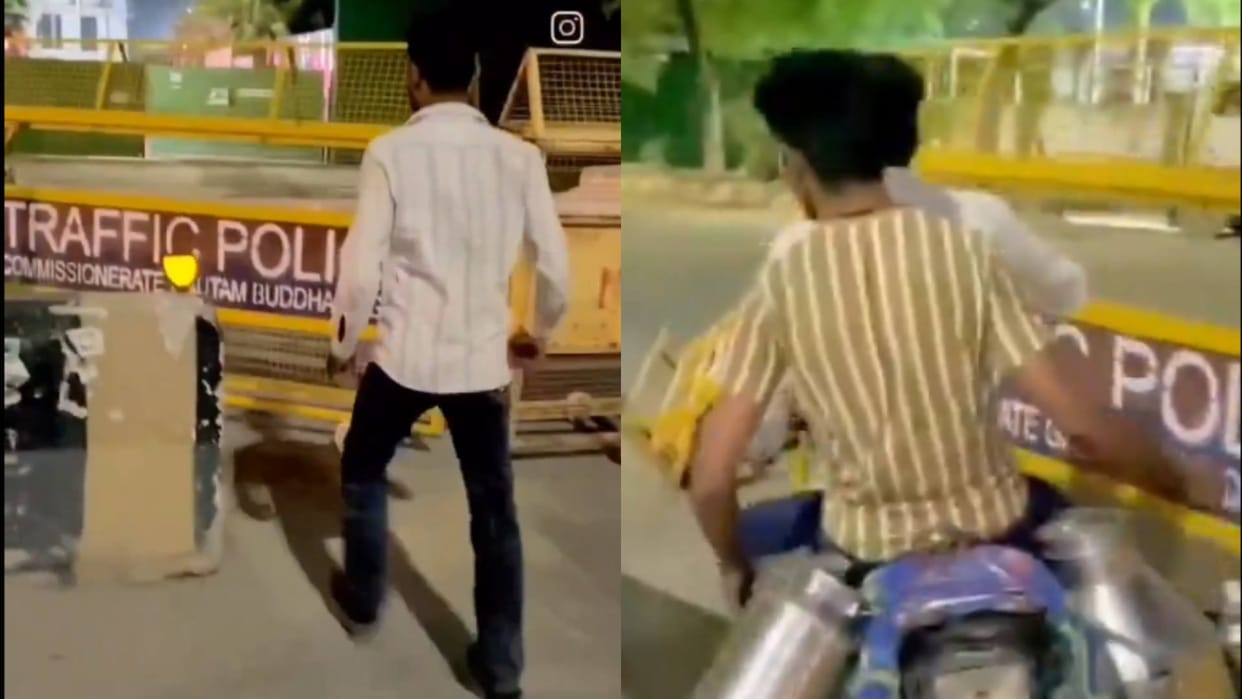 The boy was showing heroism by kicking the barricade the police fined him 40 thousand rupees video viral