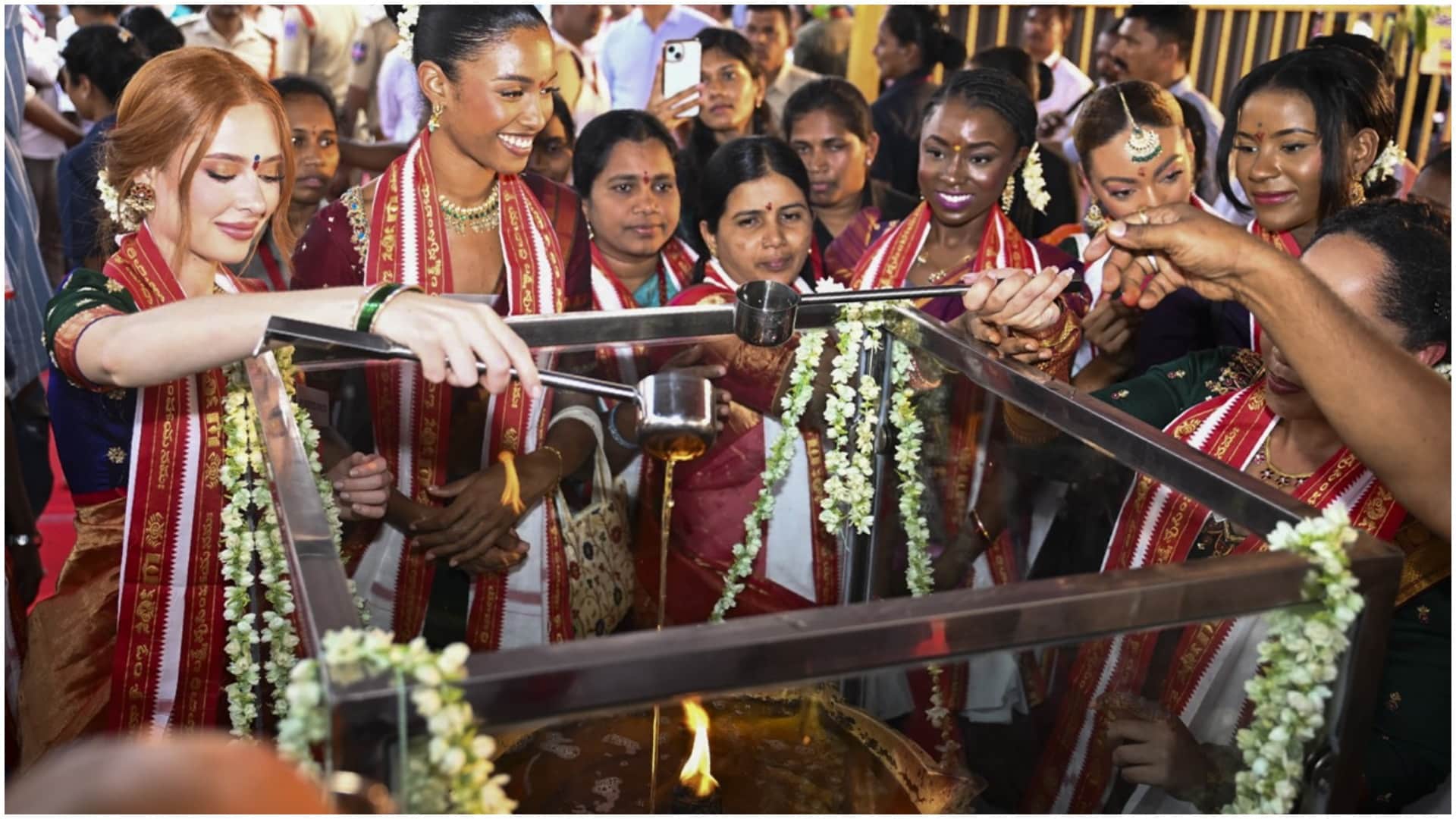 Miss World 2025 contestants see hand woven saree making visit Narasimha temple