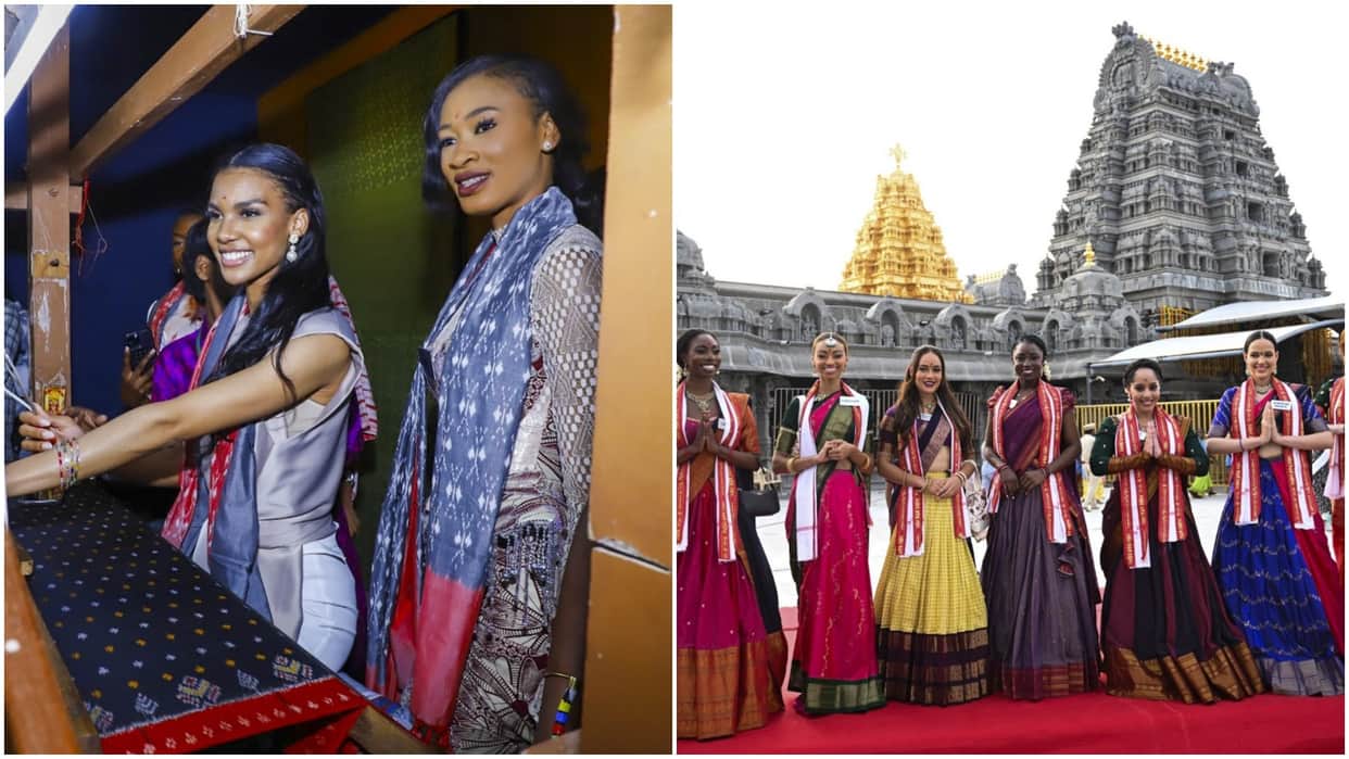 Miss World 2025 contestants see hand woven saree making visit Narasimha temple