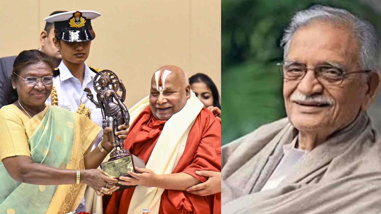 lyricist Gulzar AKA Sampooran Singh Kalra Sanskrit scholar Rambhadracharya receive Jnanpith Award for 2023
