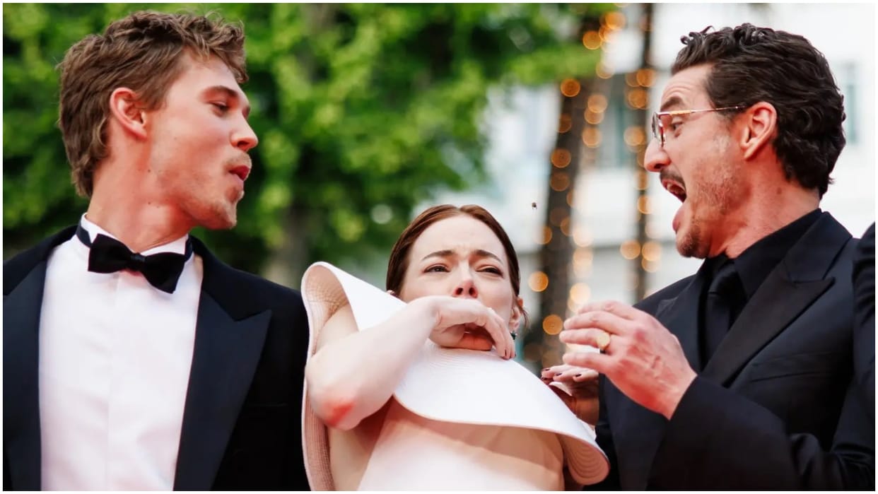 Cannes 2025 emma stone faces a bee on cannes film festival red carpet video viral