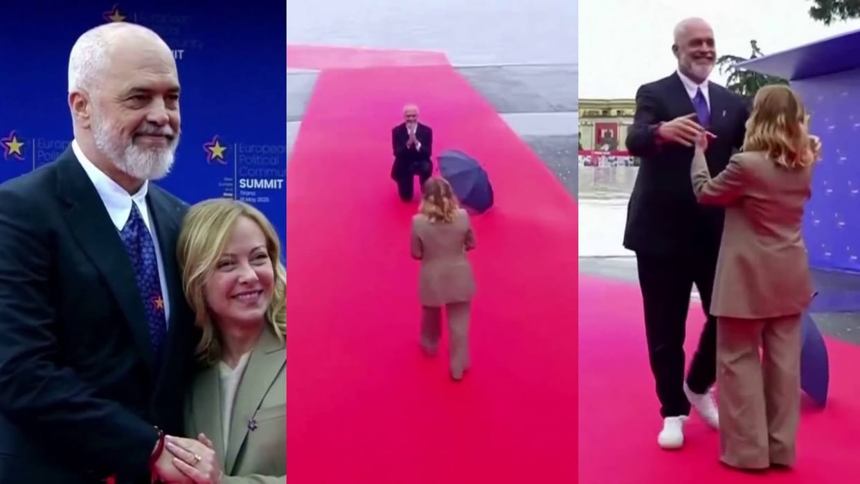Albania Edi Rama kneel down PM Giorgia Meloni Gesture viral video European Political Community meeting