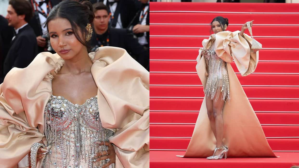 Nancy Tyagi Is The Real Star At Cannes 2025 wore Self Stitched Pearl Embellished Mini Dress And Dramatic Cape