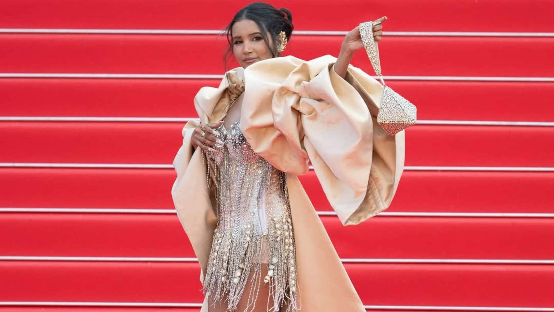 Nancy Tyagi Is The Real Star At Cannes 2025 wore Self Stitched Pearl Embellished Mini Dress And Dramatic Cape