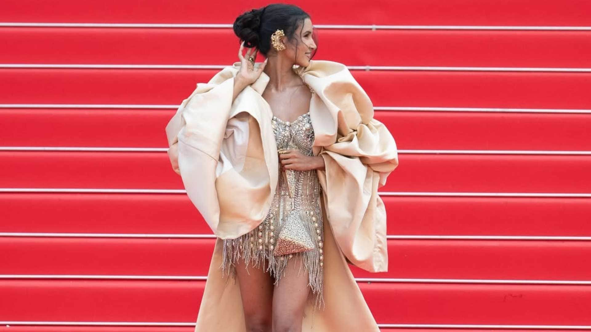 Nancy Tyagi Is The Real Star At Cannes 2025 wore Self Stitched Pearl Embellished Mini Dress And Dramatic Cape