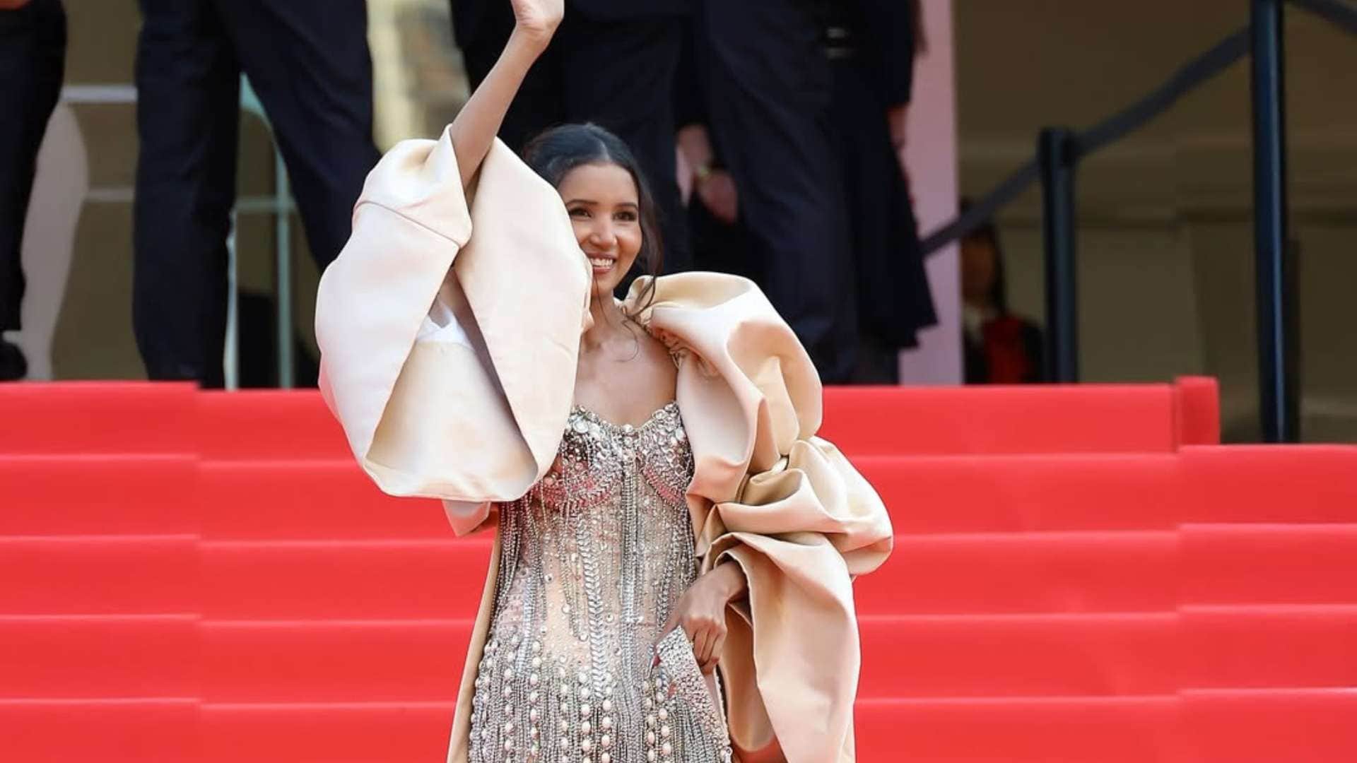 Nancy Tyagi Is The Real Star At Cannes 2025 wore Self Stitched Pearl Embellished Mini Dress And Dramatic Cape