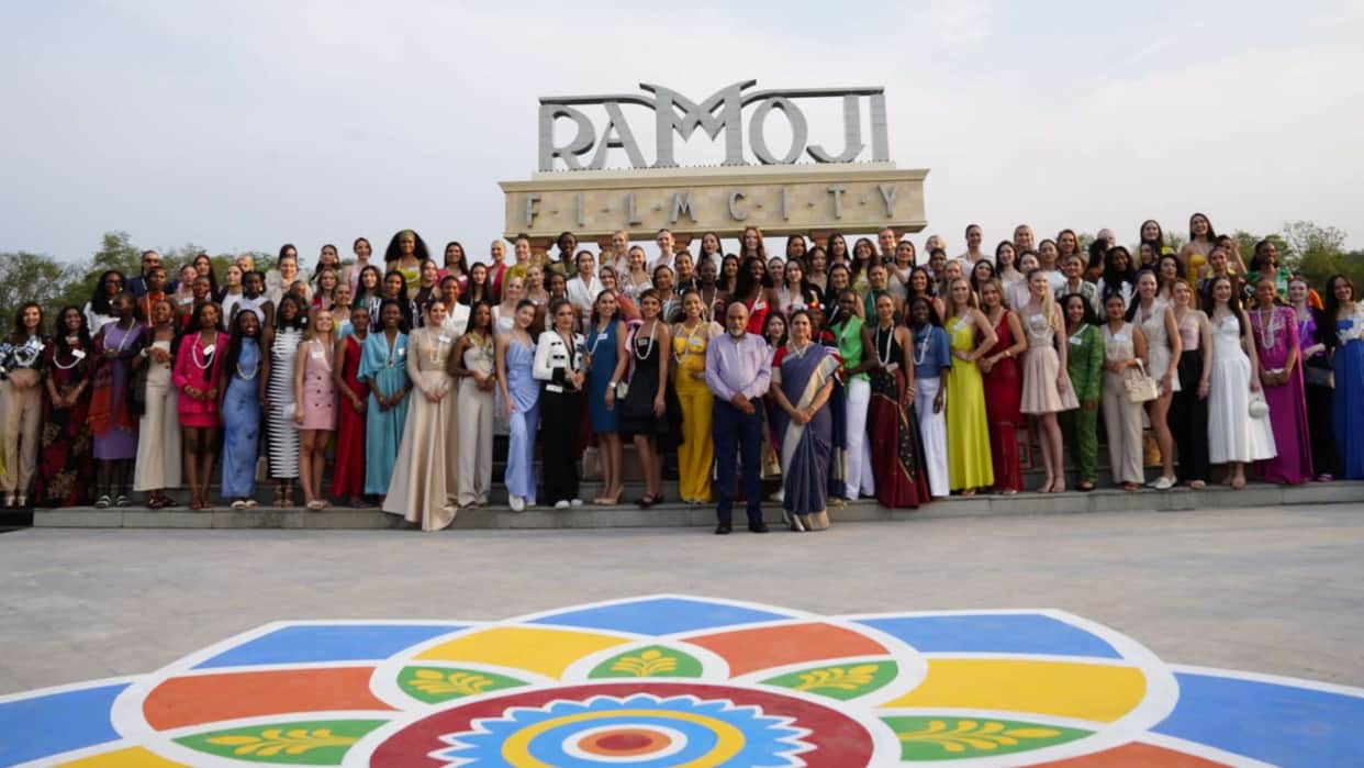 Miss World 2025 Contestants reached to Ramoji Film City hyderabad nice welcome