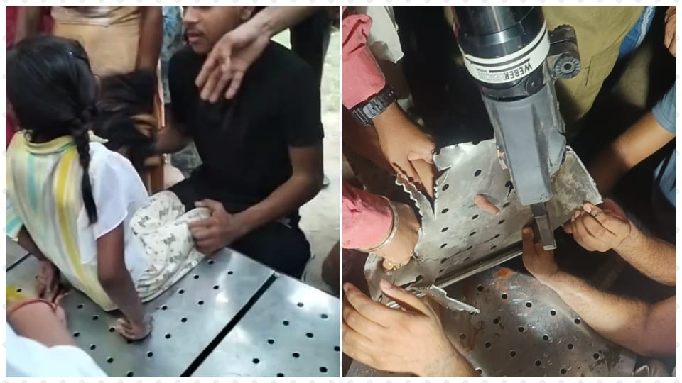 fingers of both hands of a girl got stuck in hole of bench