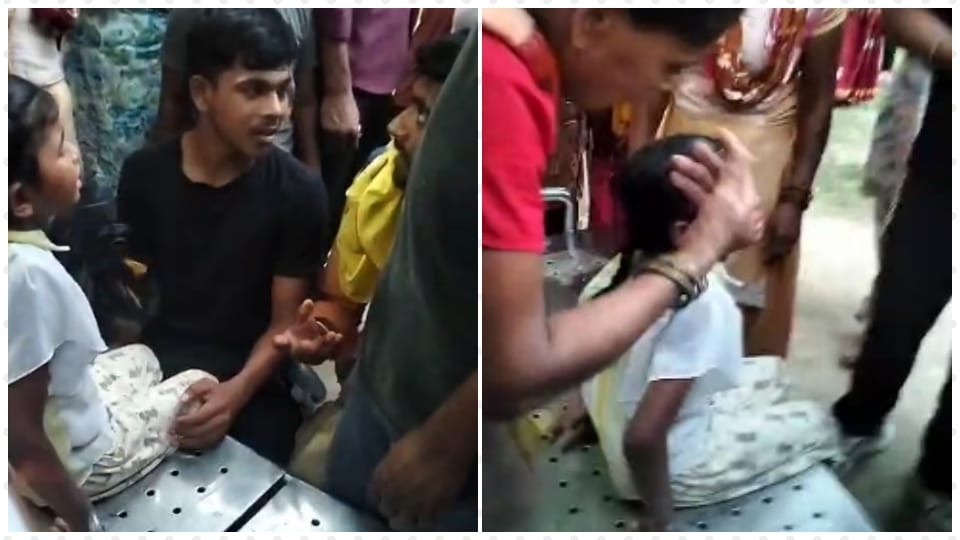 fingers of both hands of a girl got stuck in hole of bench