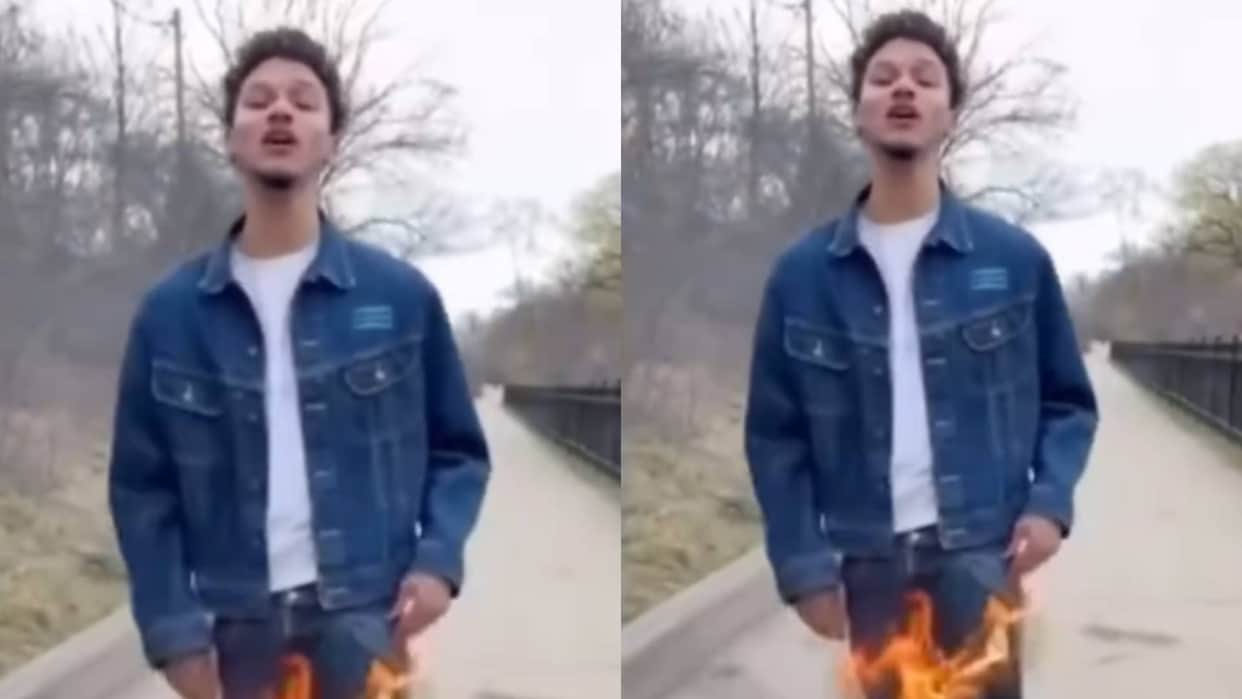 The boy was making reel by setting his jeans on fire as soon as pants got spread he take them off video Viral