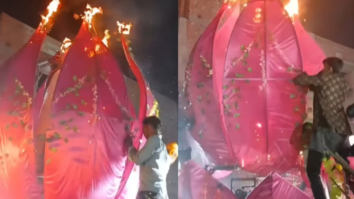bride groom jaimala in lotus catches fire watch viral video