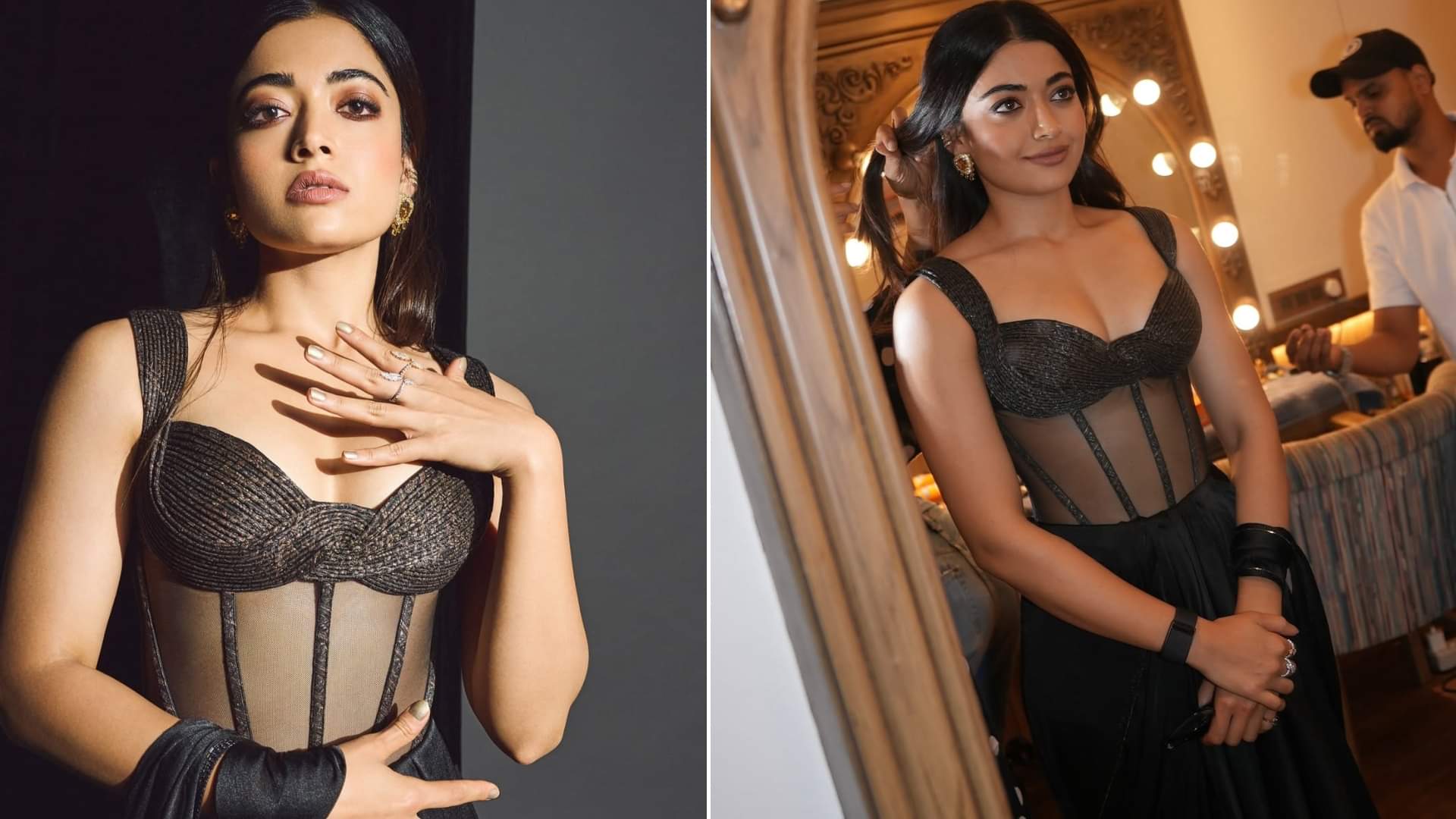 South Actress Rashmika Mandanna latest transparent black dress bold look with emotional note red carpet again