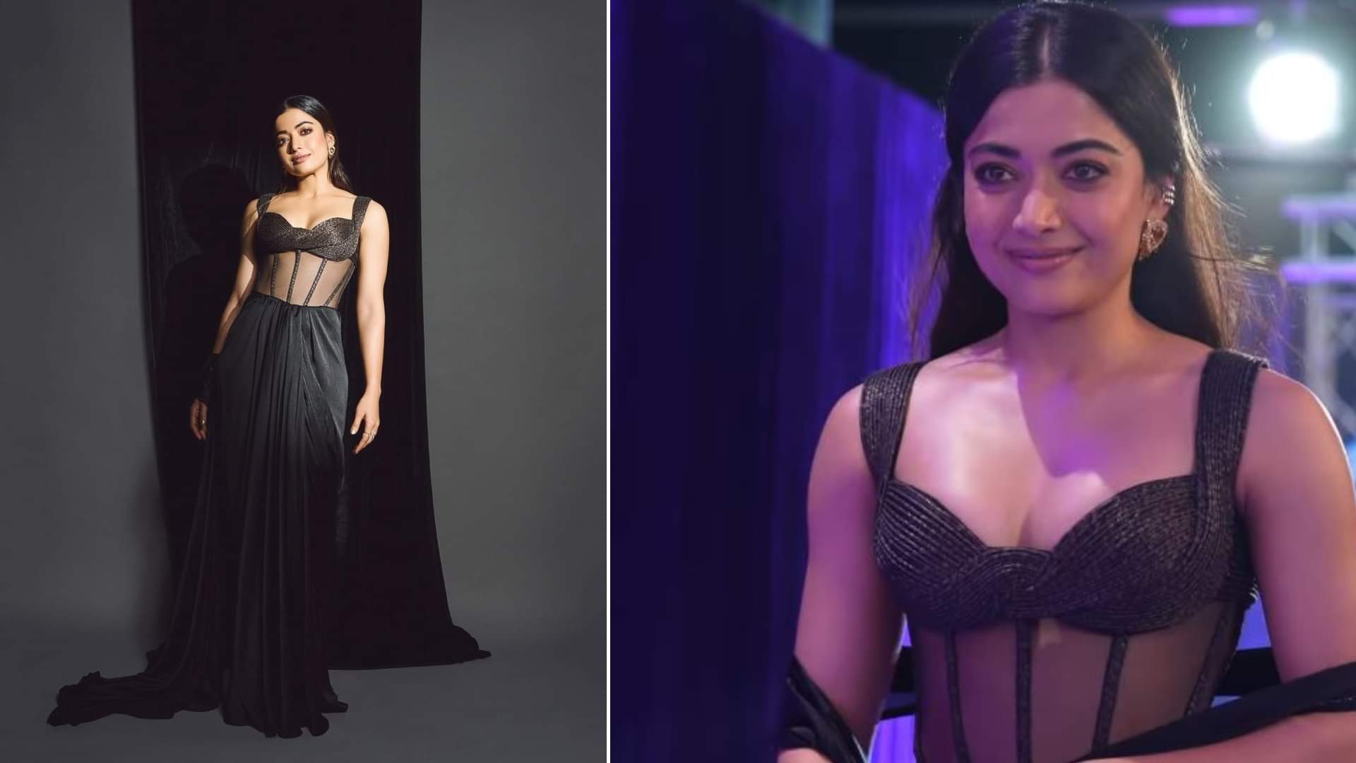South Actress Rashmika Mandanna latest transparent black dress bold look with emotional note red carpet again