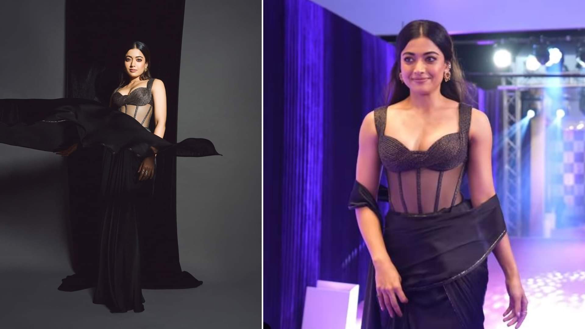 South Actress Rashmika Mandanna latest transparent black dress bold look with emotional note red carpet again