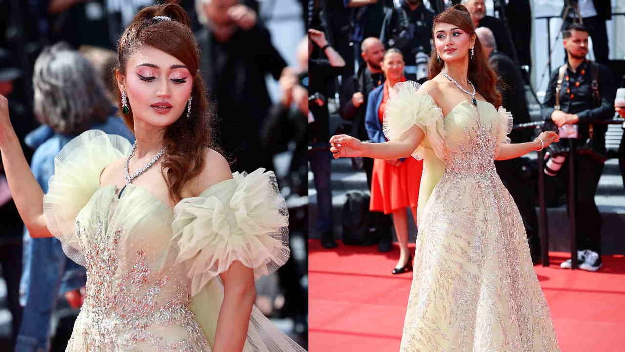 Arushi Nishank debut in Cannes shines in gown made of Fabric Waste global message Watch Photos