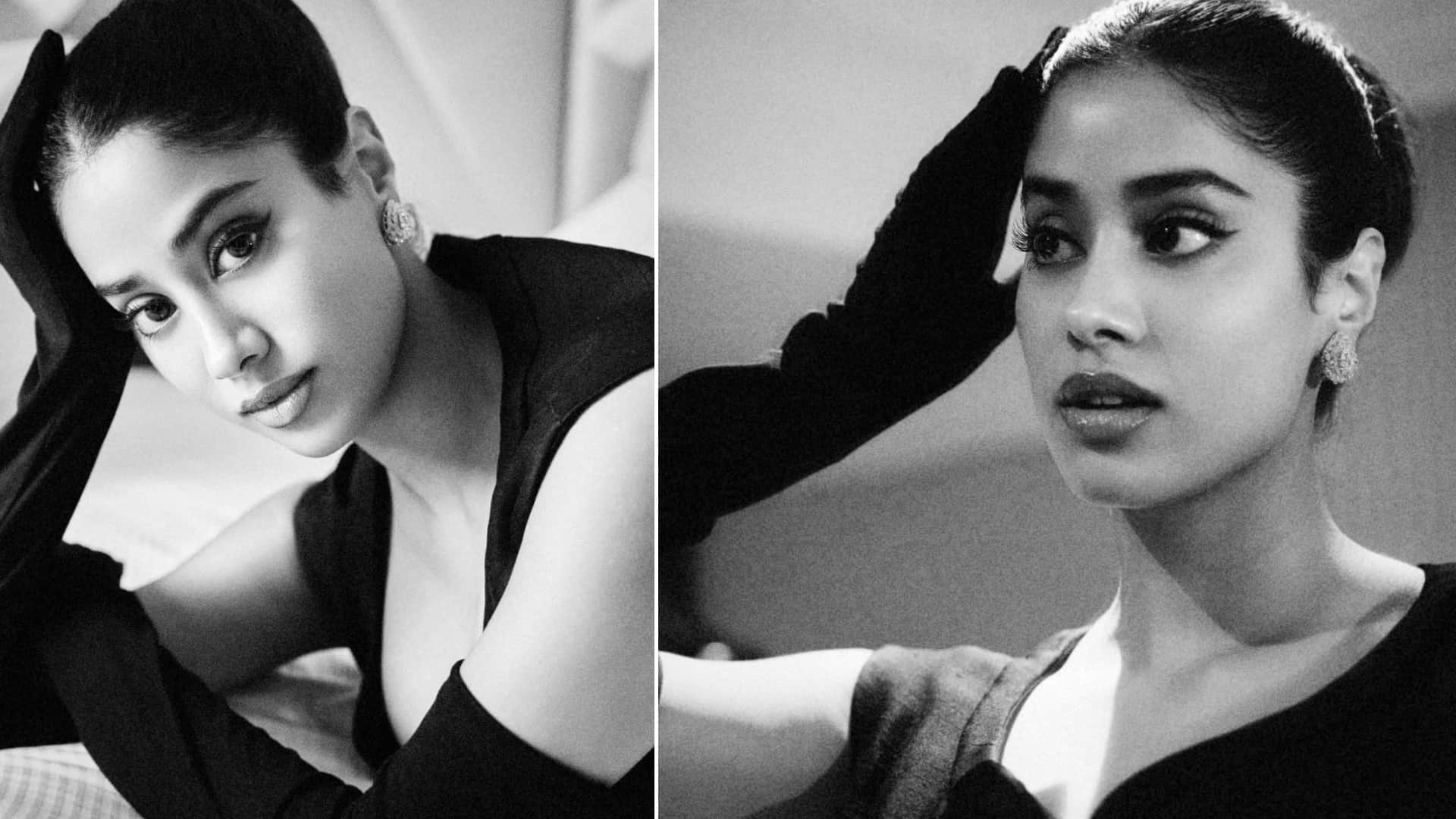 Cannes 2025 janhvi kapoor for press in Christian Dior 1957 haute couture black slub silk dress