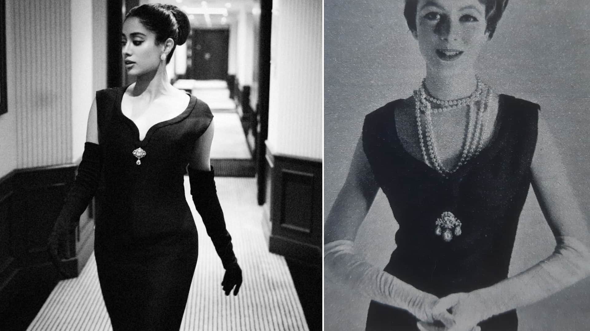 Cannes 2025 janhvi kapoor for press in Christian Dior 1957 haute couture black slub silk dress