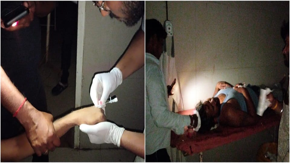 Power cut treatment going on Injections and drips done using mobile light