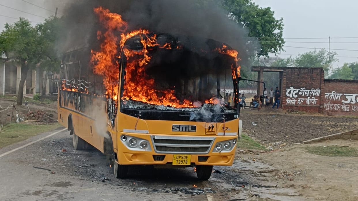 Child dies in school bus collision villagers set bus on fire, police said action will be taken
