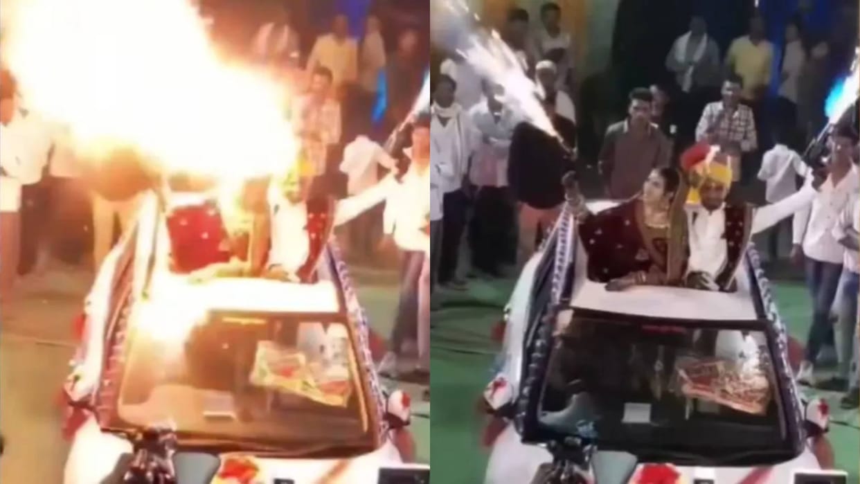 bride and groom were entering with a fire gun then the boys turban caught fire Video goes viral
