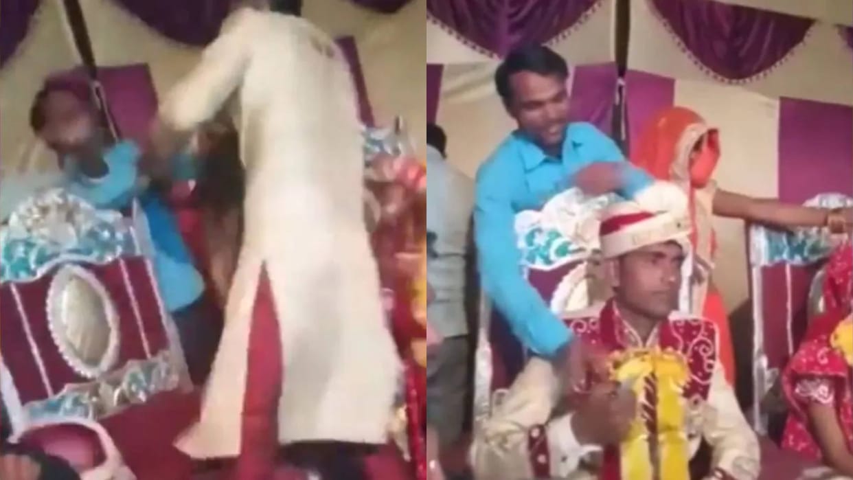 Uncle was pulling the groom cheeks on stage angry boy immediately beat him up Video goes viral