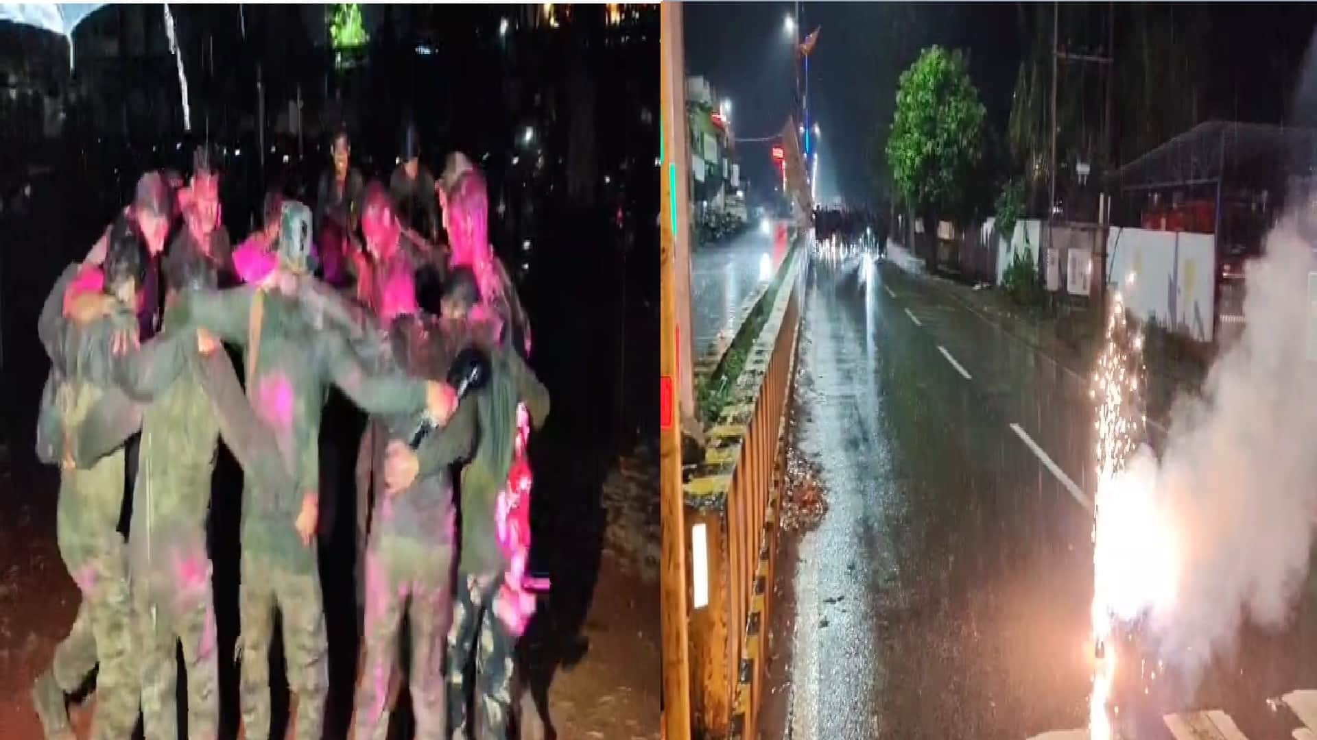 गुलाल लगाकर डांस करते डीआरजी के जवान, फटाखे फोड़ते जवान