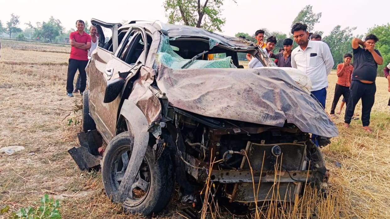 road Accident in mau Car full of baraatis fell into ditch one dead four people in critical condition