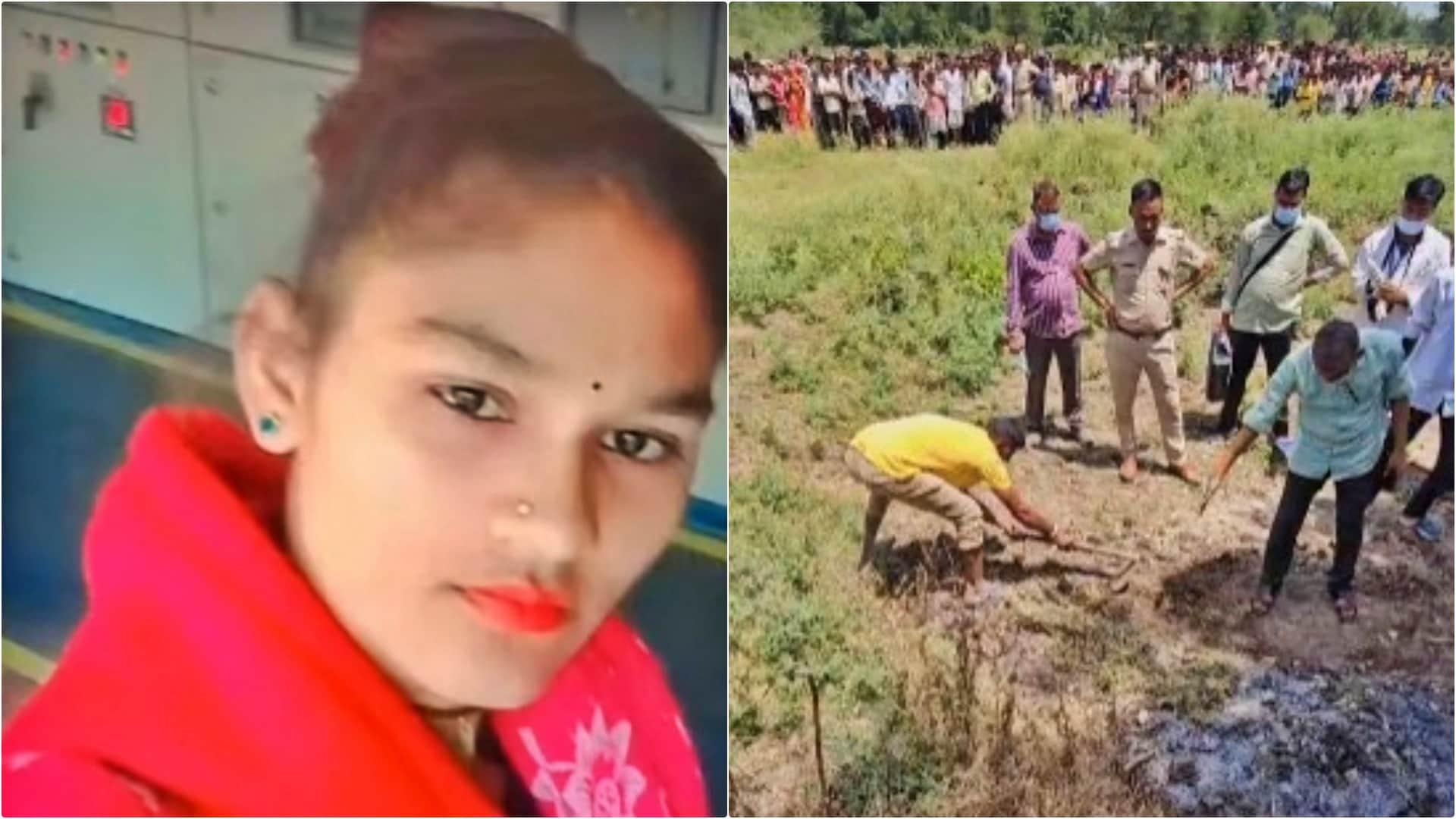 मृतका बिपाशा (फाइल) तथा गड्ढे से बिपाशा का शव निकलवाती पुलिस