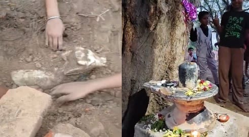 Shivling found in a ruined temple Nandi statue also found at some distance villagers started worshiping