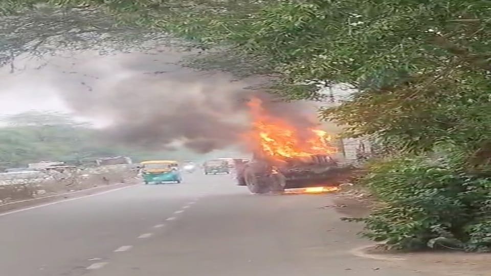 JCB caught fire at Talanagari
