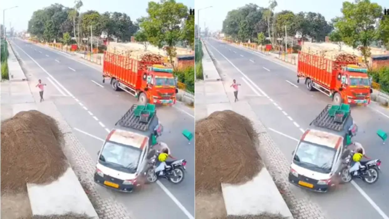 Van suddenly stopped in middle of the road truck driver hit it from behind bike rider injured Video Viral