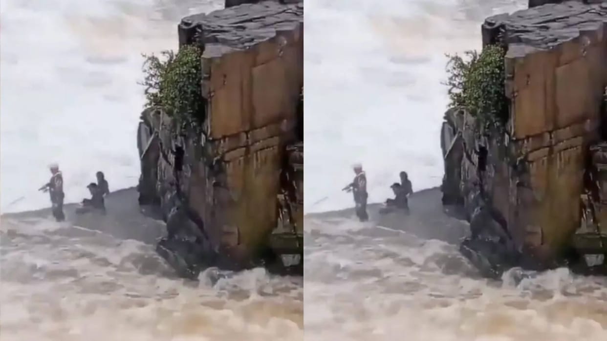 The boys were fishing In the middle of the dangerous waterfall Video goes Viral on Internet