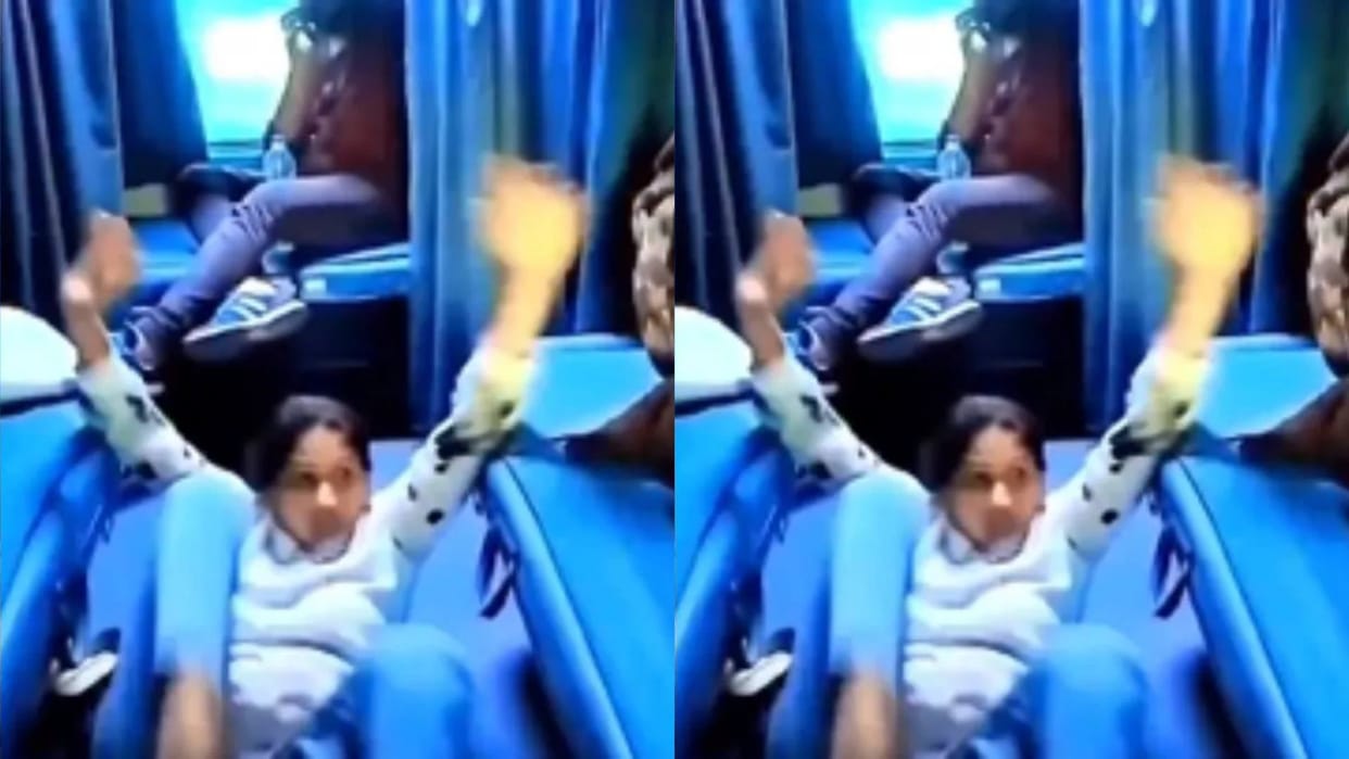 Woman was doing stunts to climb to the upper seat in the train and suddenly fell video goes viral