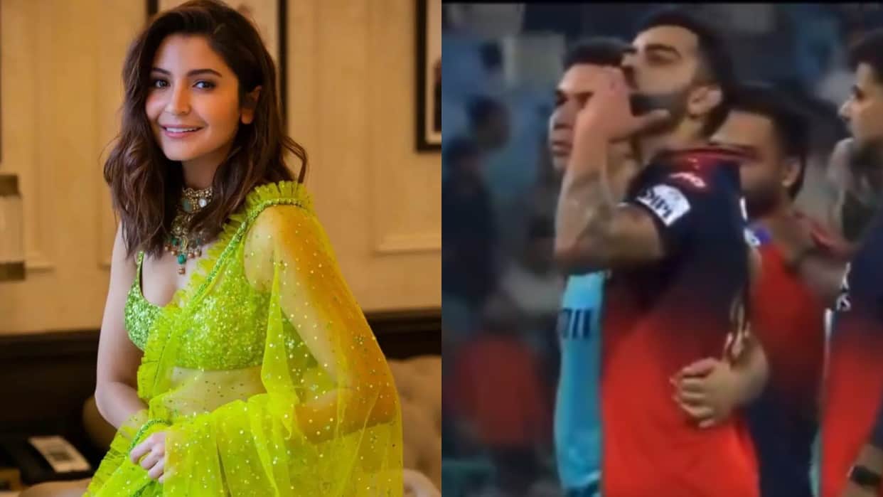 virat kohli sends flying kiss to anushka sharma from gorunda after winning ipl match against LSG vs RCB