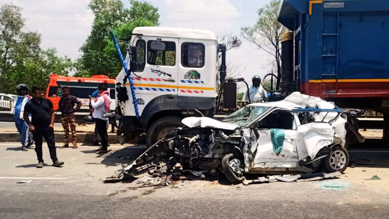 road Accident in chandauli on National Highway Car shattered after colliding with truck