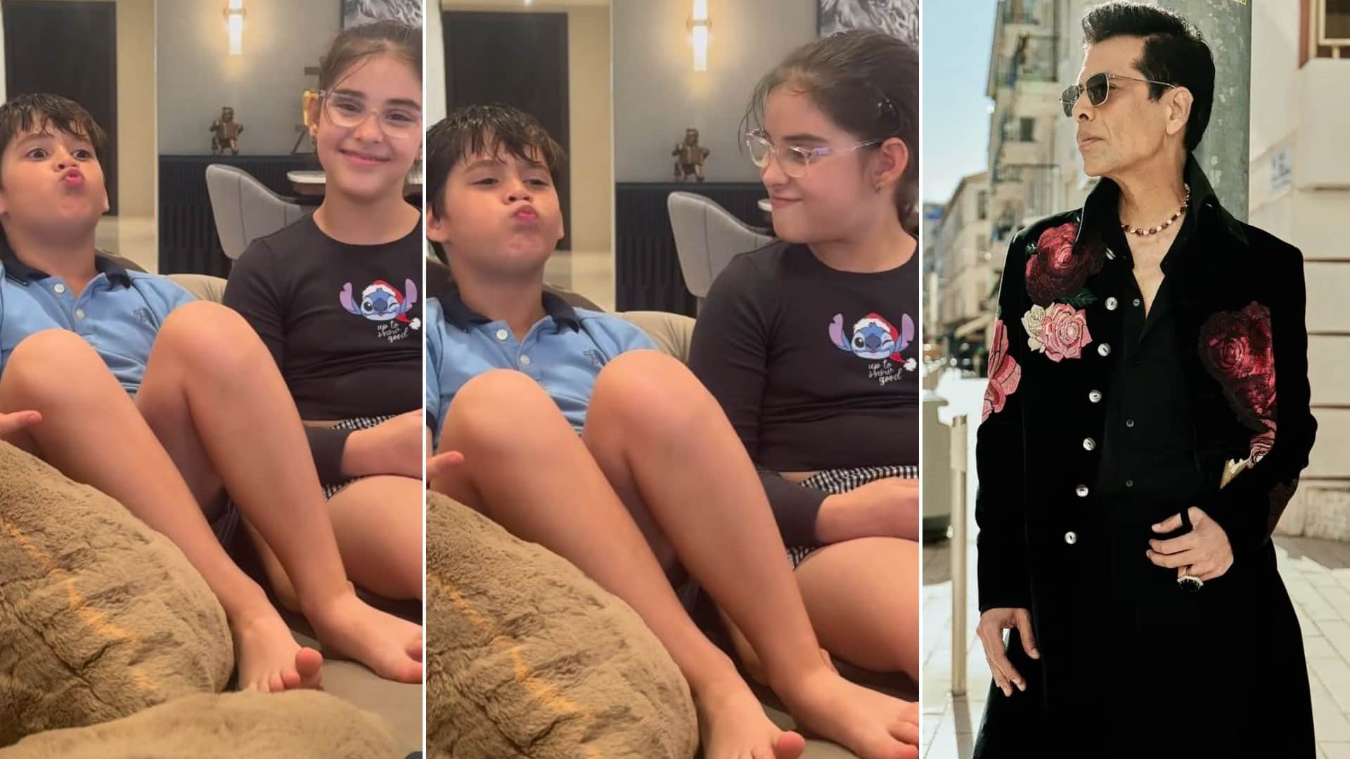 Karan Johar Latest Viral video With Son Yash Mocks His Pout Daughter Roohi Asks Him To Stop Taking Selfies
