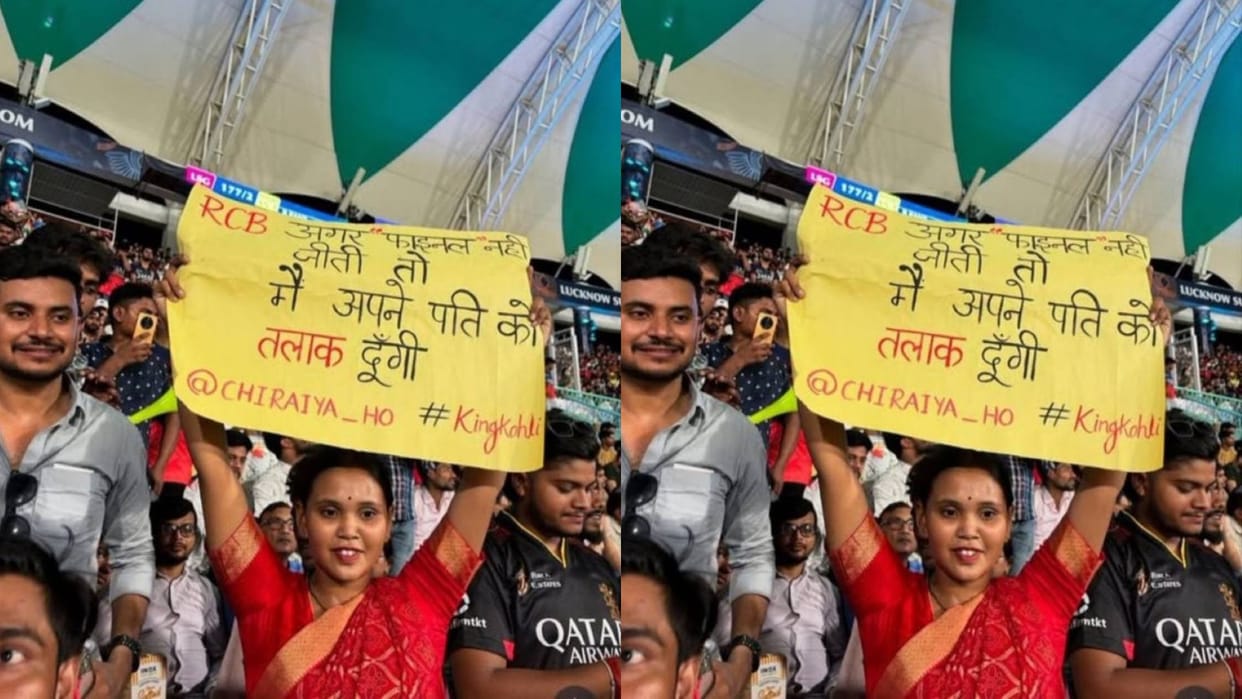 RCB True Fan Goes Viral Woman’s Dramatic Banner Steals the Spotlight During IPL 2025 Playoffs
