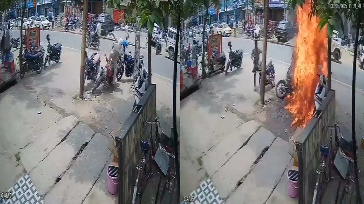 bullet caught fire while starting scooter parked nearby burnt watch viral Video