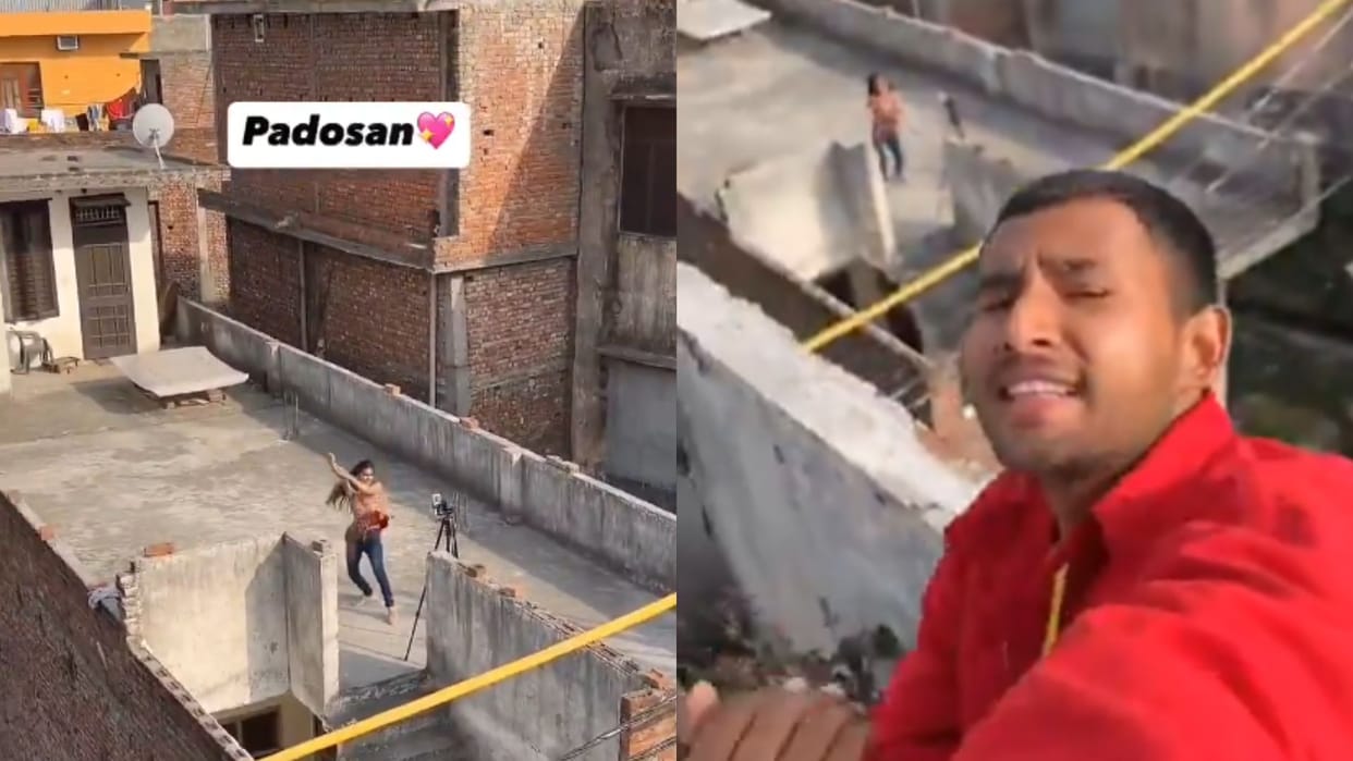 girl was making a reel by showing dance steps on the roof neighbour guy recorded the video from his roof