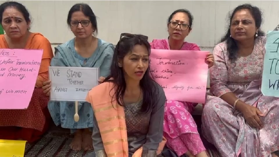 Teachers protest outside Uttarakhand Public School allegation given expulsion letter for demanding salary