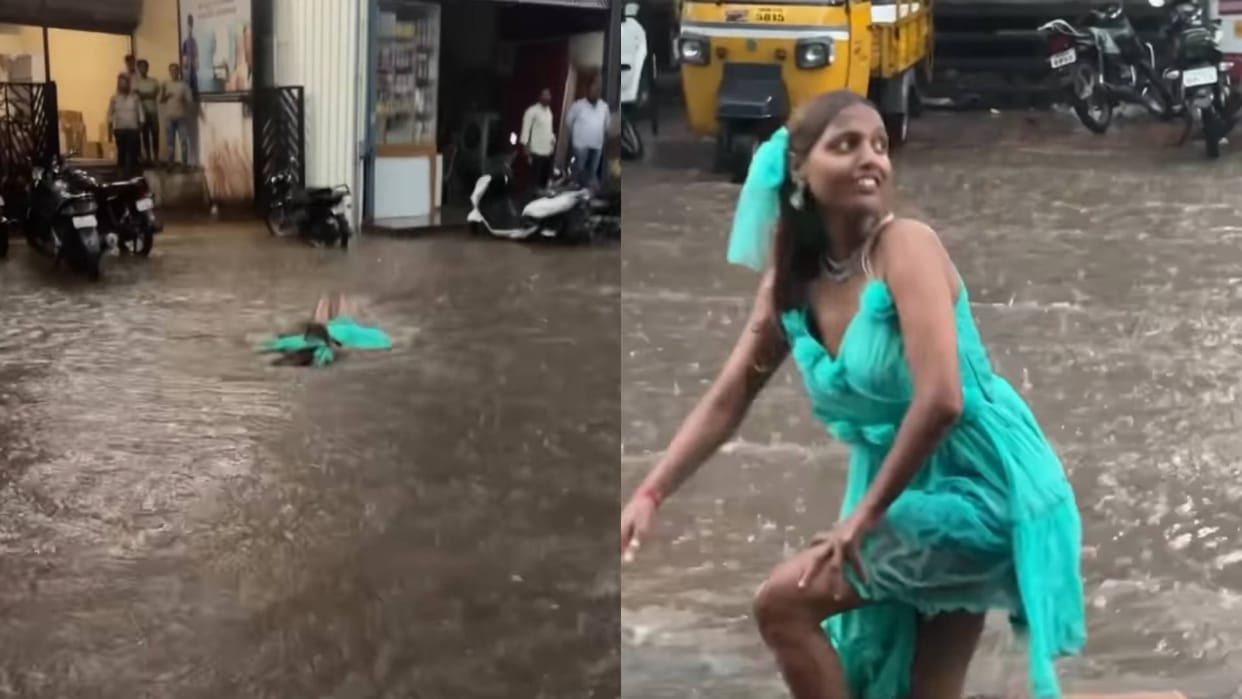 A girl was seen dancing on road filled with dirty rainwater Video goes viral on Internet see netizens reaction