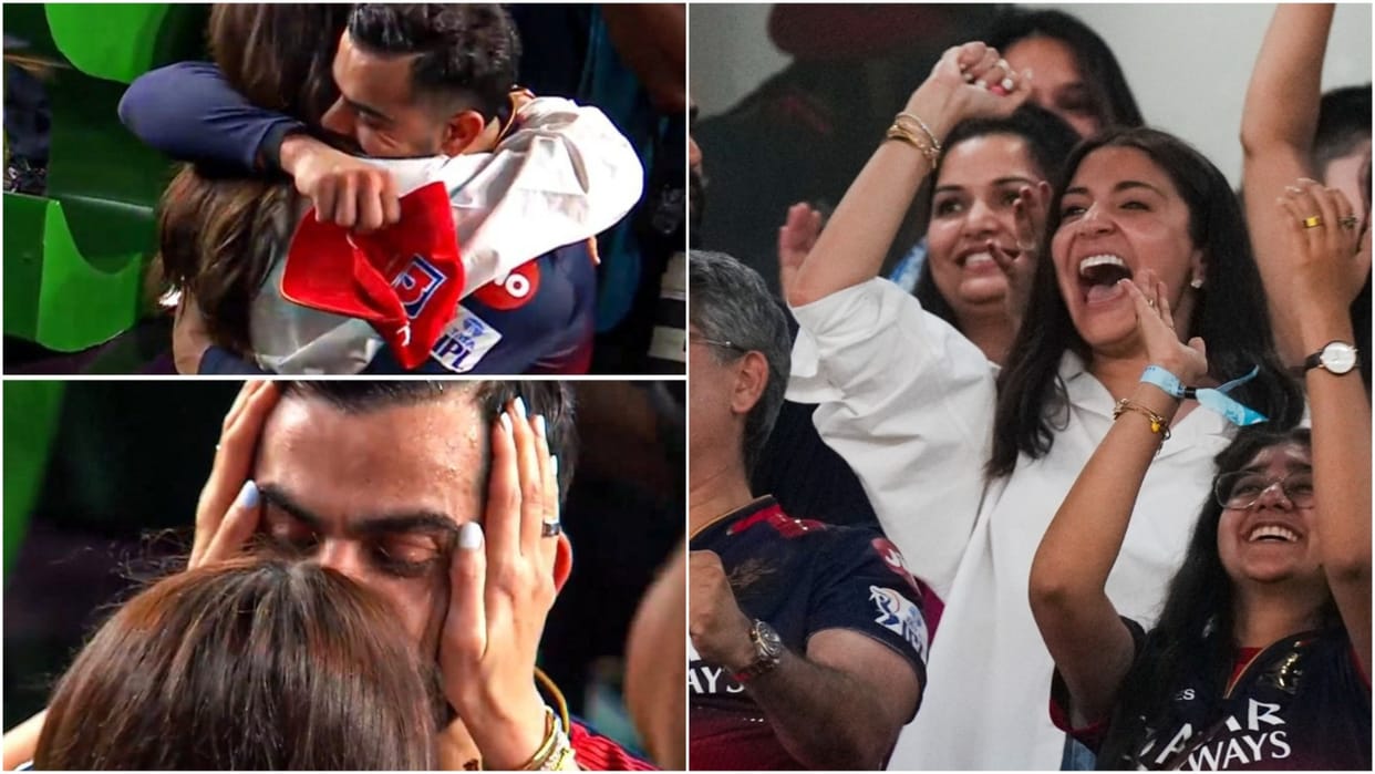 RCB won IPL 2025 Virat Kohli Cried on ground Hugged wife Anushka Sharma