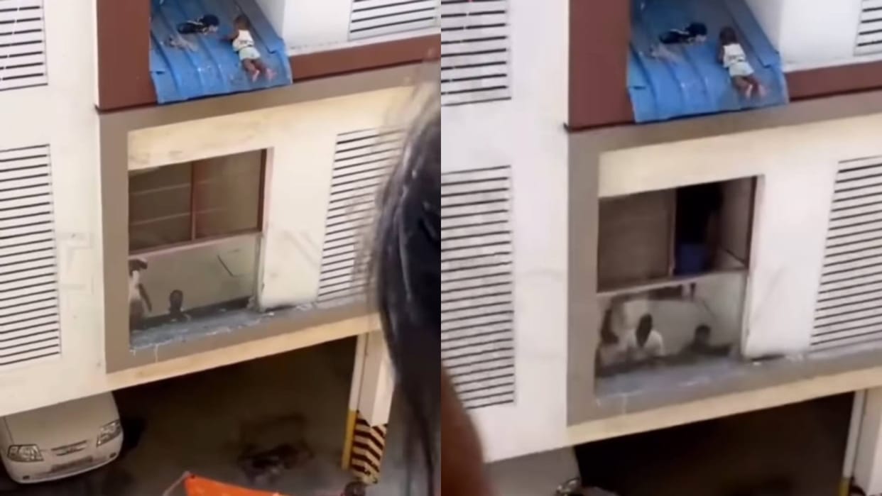 Child slips from mother hands hangs on the corner of balcony man risks his life to save child Video Viral