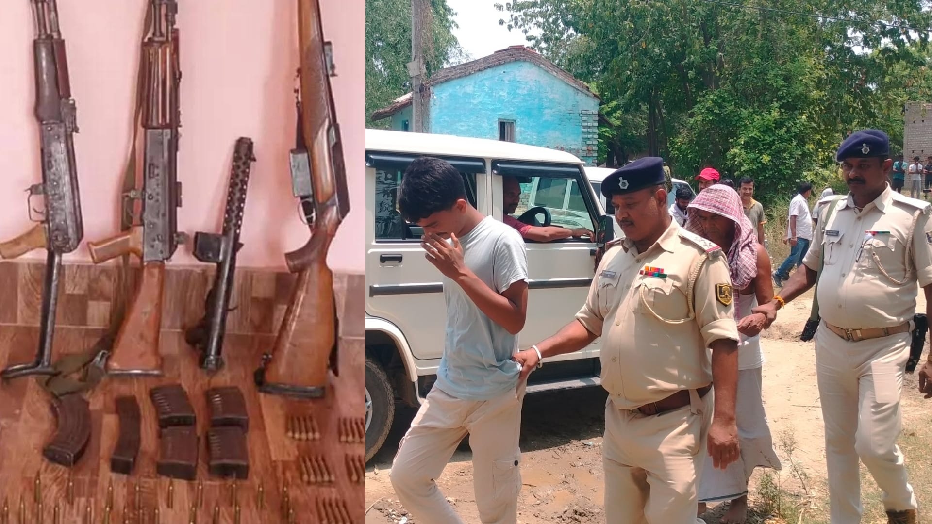 पुलिस की गिरफ्त में आरोपी और हथियारों का जखीरा