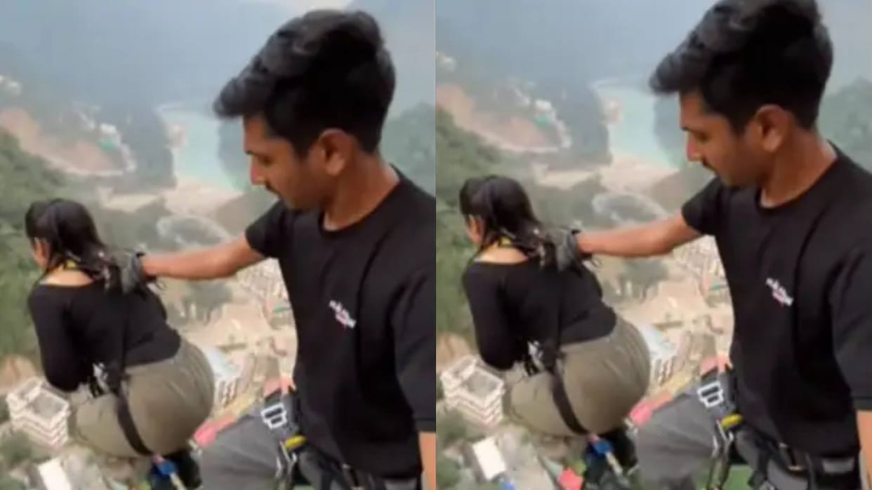 The girl was not getting ready for bungee jumping the staff motivated her Video goes viral on Internet