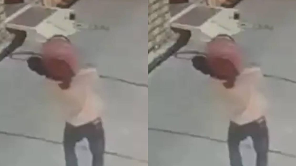 The thief was carrying the stolen cylinder could not lift weight and it fell into the drain video went viral