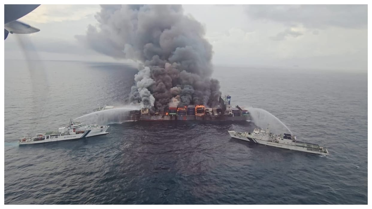 Firefighting operation continue as crew rescued from burning vessel off Kerala coast
