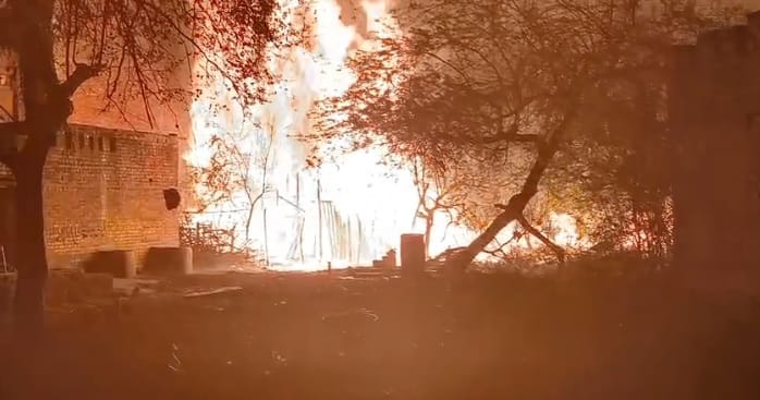 Banda Fire Huge fire in a wood depot accident caused by short circuit fire brigade brought it under control